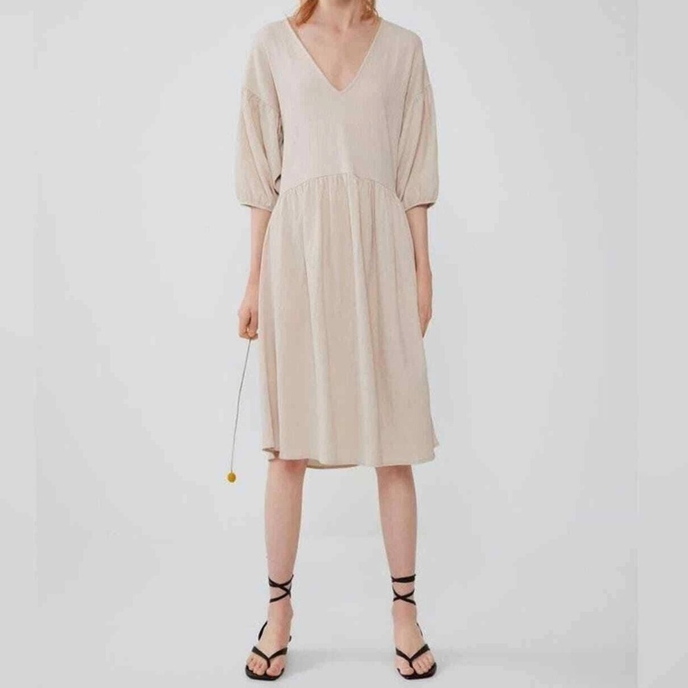 Zara Voluminous Textured Weave Balloon Sleeve Midi Dress Size M Beige‎ Oversized